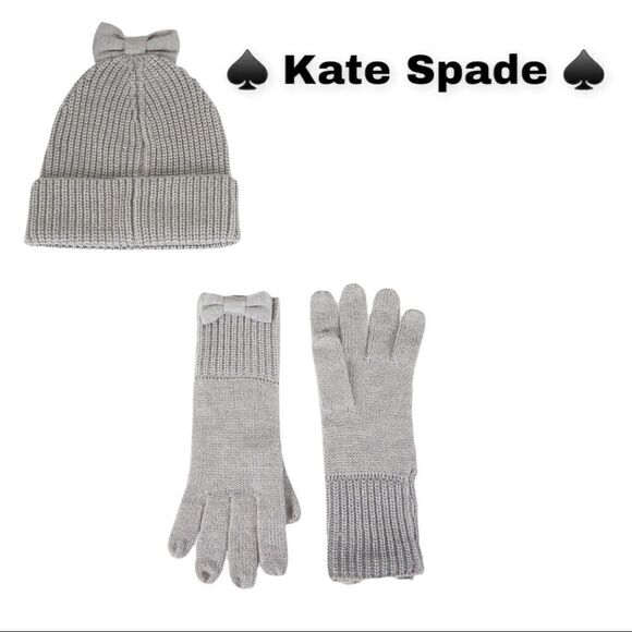 KATE SPADE 2-Piece Bow Beanie & Gloves Set gray - Picture 1 of 5